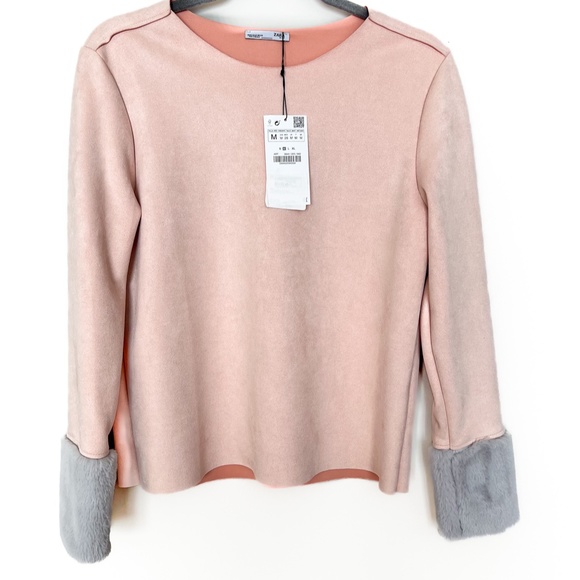 NWT | Zara Faux Suede Top Faux Fur Sleeve Trim Light Pink Grey Gray Pullover M - Picture 11 of 13